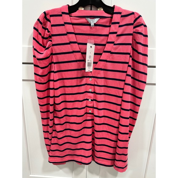 crown & ivy Tops - Crown & Ivy Ribbed Top Puff Sleeve Button Front Striped Shirt Size S